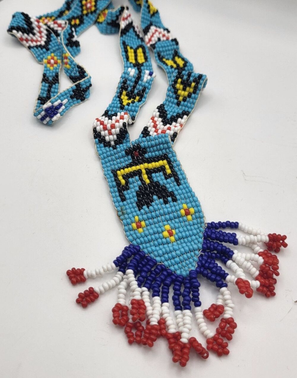 Vintage Handcrafted Beaded Eagle Necklace Blue Beaded Native 28in Fringe